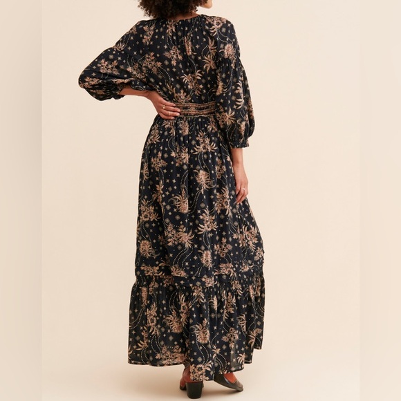 Free People Golden Hour Smocked Bodice Cotton Maxi Dress Black Combo Brown Med - Picture 2 of 15